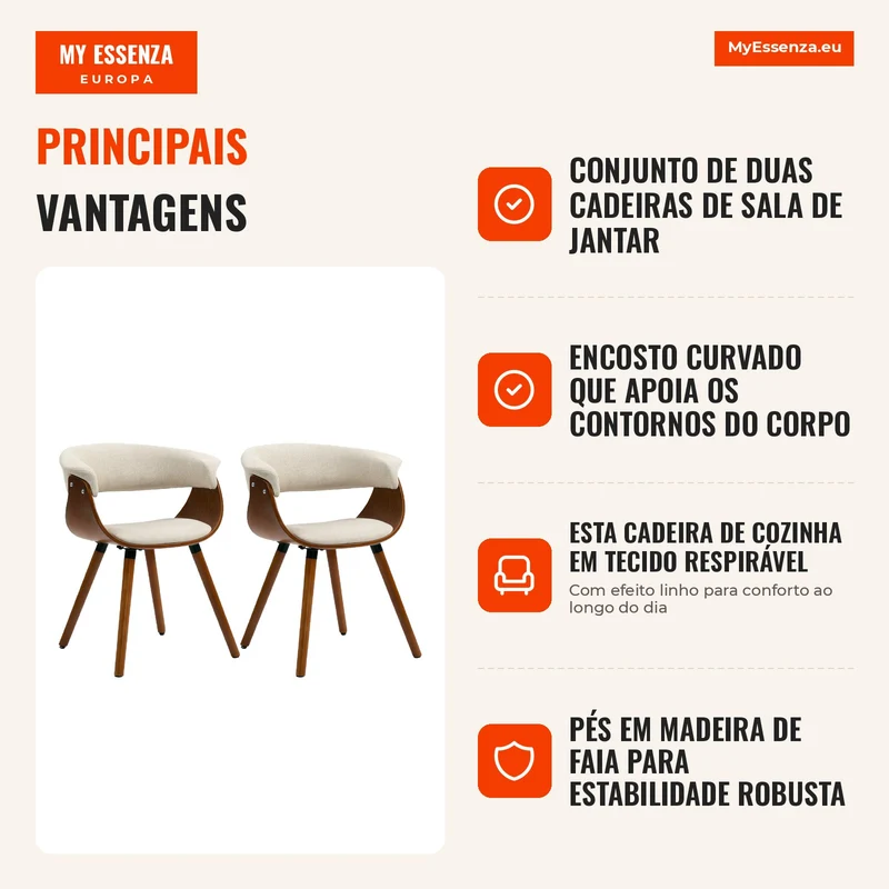 Conjunto de 2 Cadeiras de Sala de Jantar Cadeiras de Cozinha Estofadas com Encosto Curvo e Pés em Madeira Maciça Bege