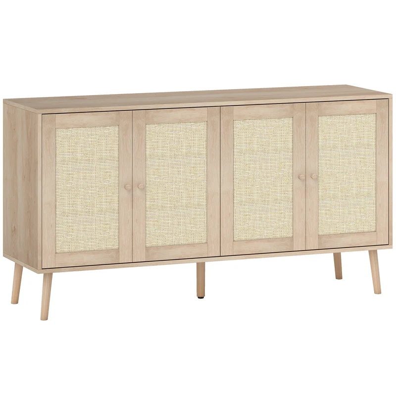 Aparador para Sala Móvel de Arrumação Armários com Portas em Palhinha e Prateleira Regulável 140x40x75 cm Efeito Madeira Natural