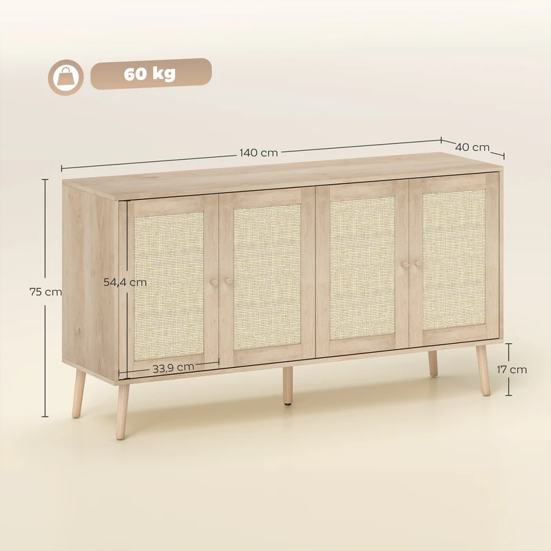 Aparador para Sala Móvel de Arrumação Armários com Portas em Palhinha e Prateleira Regulável 140x40x75 cm Efeito Madeira Natural