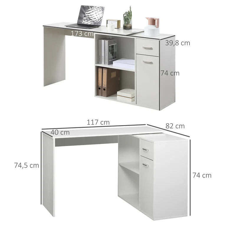Mesa de canto rotativa a 180°, mesa de computador, estante, gaveta, armário, área de trabalho, 117x82x74cm, branco