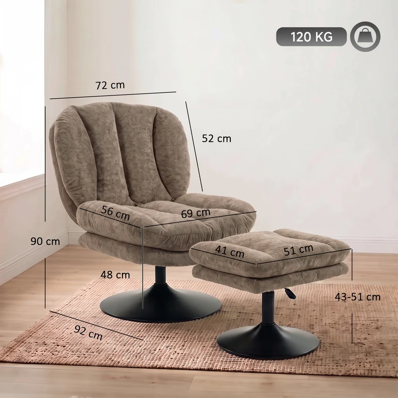 Poltrona Lounge com Puff Giratória 360° em Veludo Raindrop Puff com Altura Ajustável Castanho