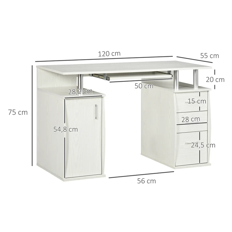 Mesa para Computador Mesa 120x55 cm com Tampo para Teclado 3 Gavetas para Quarto Casa Branca