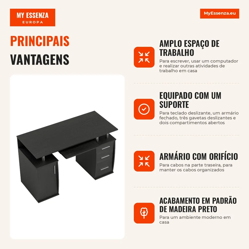 Secretária para Computador Secretária 120x55 cm com Suporte para Teclado Deslizante 3 Gavetas para Quarto Casa Preto