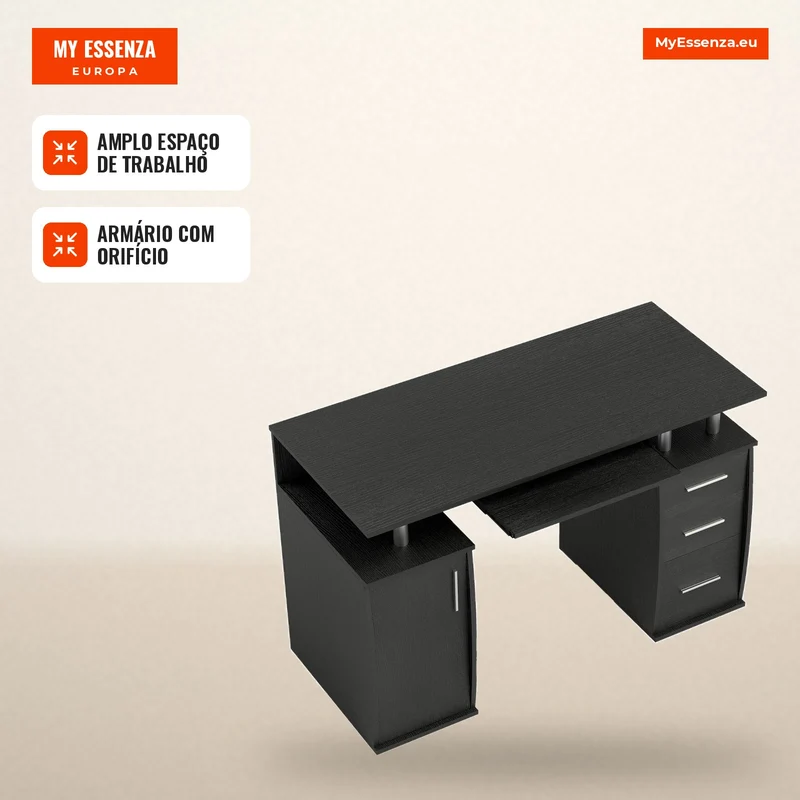 Secretária para Computador Secretária 120x55 cm com Suporte para Teclado Deslizante 3 Gavetas para Quarto Casa Preto