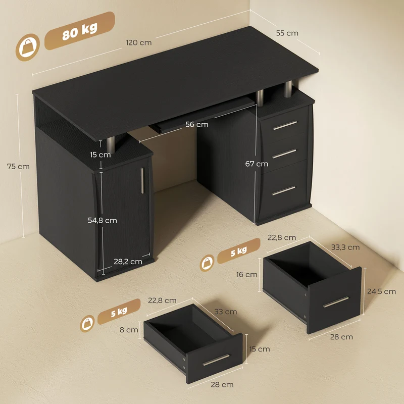 Secretária para Computador Secretária 120x55 cm com Suporte para Teclado Deslizante 3 Gavetas para Quarto Casa Preto