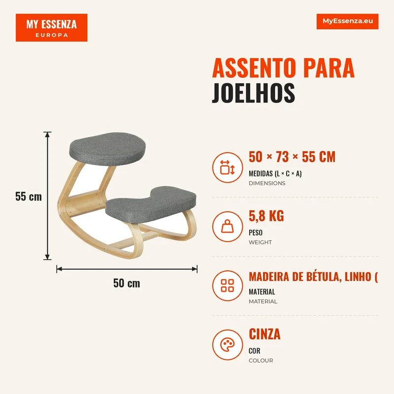 Assento para Joelhos Assento Ergonômico em Madeira Oscilante Cadeira para Joelhos para Escritório em Casa Cinza