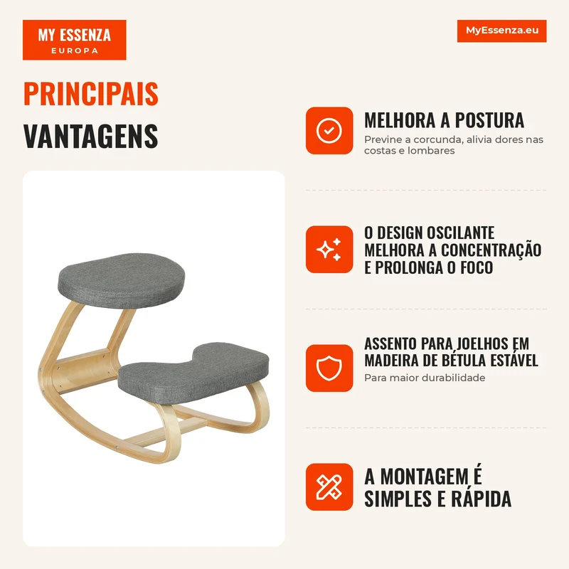Assento para Joelhos Assento Ergonômico em Madeira Oscilante Cadeira para Joelhos para Escritório em Casa Cinza