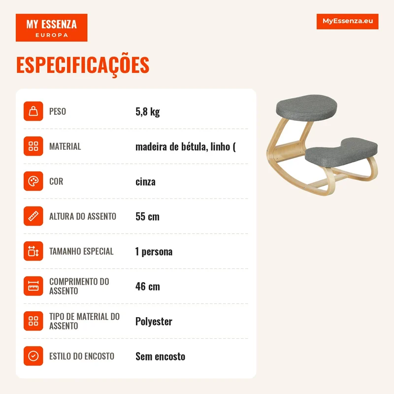 Assento para Joelhos Assento Ergonômico em Madeira Oscilante Cadeira para Joelhos para Escritório em Casa Cinza