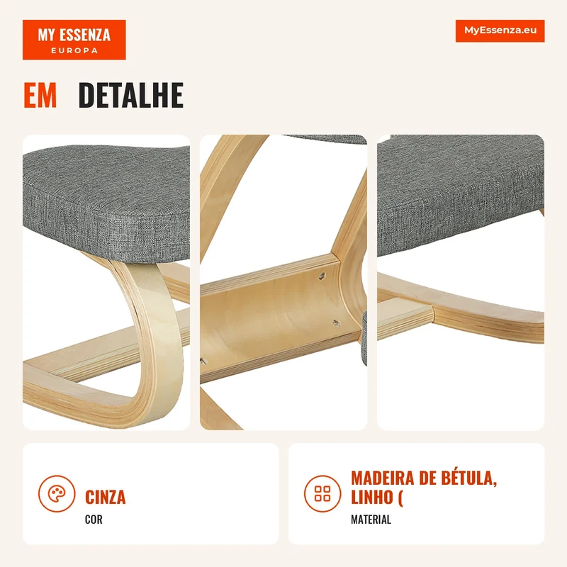 Assento para Joelhos Assento Ergonômico em Madeira Oscilante Cadeira para Joelhos para Escritório em Casa Cinza
