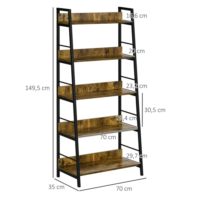 Estante Estilo Industrial Inclinada 5 Prateleiras 70x35x150 cm Castanho