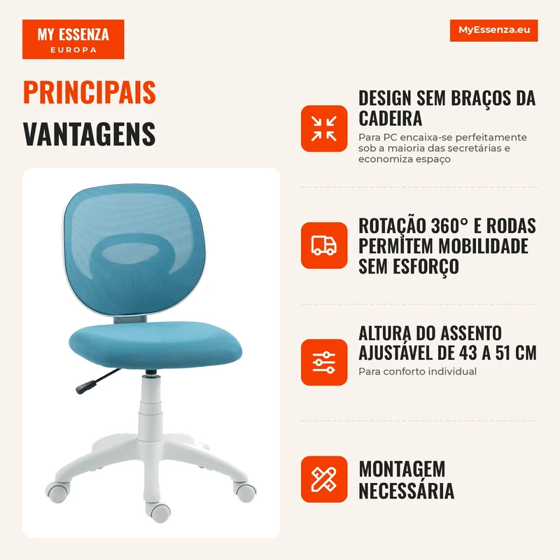 Cadeira de Escritório Ergonômica com Encosto em C, Regulável em Altura, Azul
