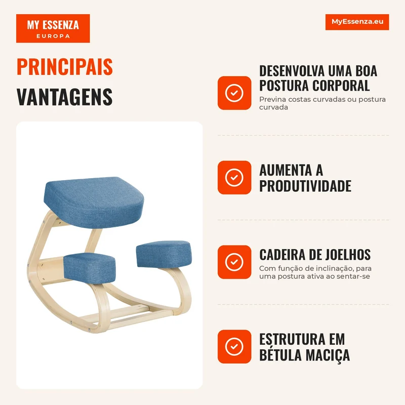 Cadeira de joelhos, banco de assento ergonômico, banco estofado para postura saudável, madeira de bétula, suporta 120 kg, Azul