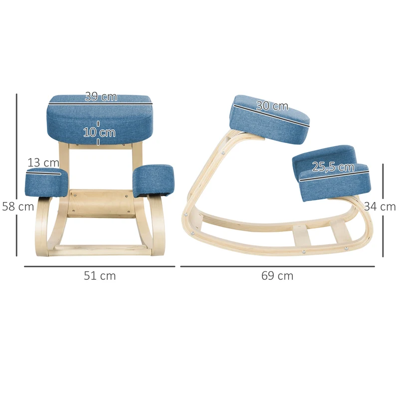 Cadeira de joelhos, banco de assento ergonômico, banco estofado para postura saudável, madeira de bétula, suporta 120 kg, Azul