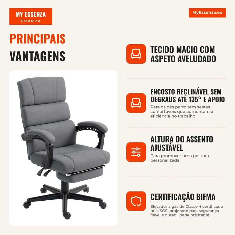 Cadeira de Escritório Acolchoada com Aspeto Aveludado Regulável em Altura com Rodas Cinza