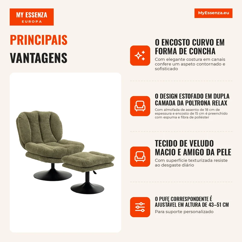 Poltrona Lounge com Pufe 360° Giratória em Veludo Raindrop Pufe com Altura Ajustável Verde