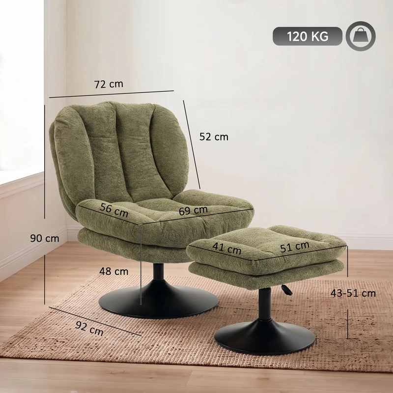Poltrona Lounge com Pufe 360° Giratória em Veludo Raindrop Pufe com Altura Ajustável Verde