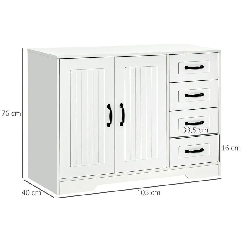 Aparador, Cômoda, Buffet, estilo moderno, 4 gavetas, 1 armário, 105 cm x 40 cm x 76 cm, Branco