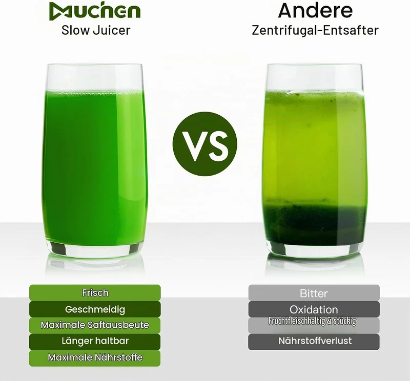 Muchen Slow Juicer Entsafter Gemüse und Obst Testsieger 150W Leiser Motor, Rückwärtszerkleinerung, E