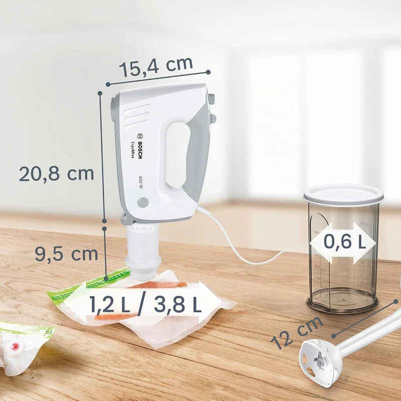 Bosch Handrührer ErgoMixx MFQ364V0, mit Vakuum-Funktion, 2 Rührbesen, 2 Edelstahl-Knethaken, Vakuum-