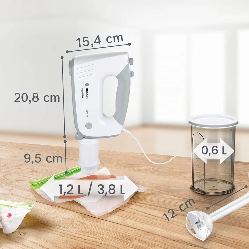 Bosch Handrührer ErgoMixx MFQ364V0, mit Vakuum-Funktion, 2 Rührbesen, 2 Edelstahl-Knethaken, Vakuum-
