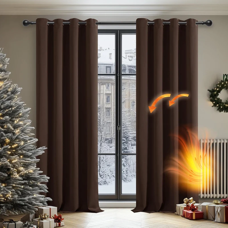 Deconovo Gardinen Wohnzimmer mit Ösen Verdunkelung Thermovorhang Braun H245 x B140 cm (2er Pack) Bra