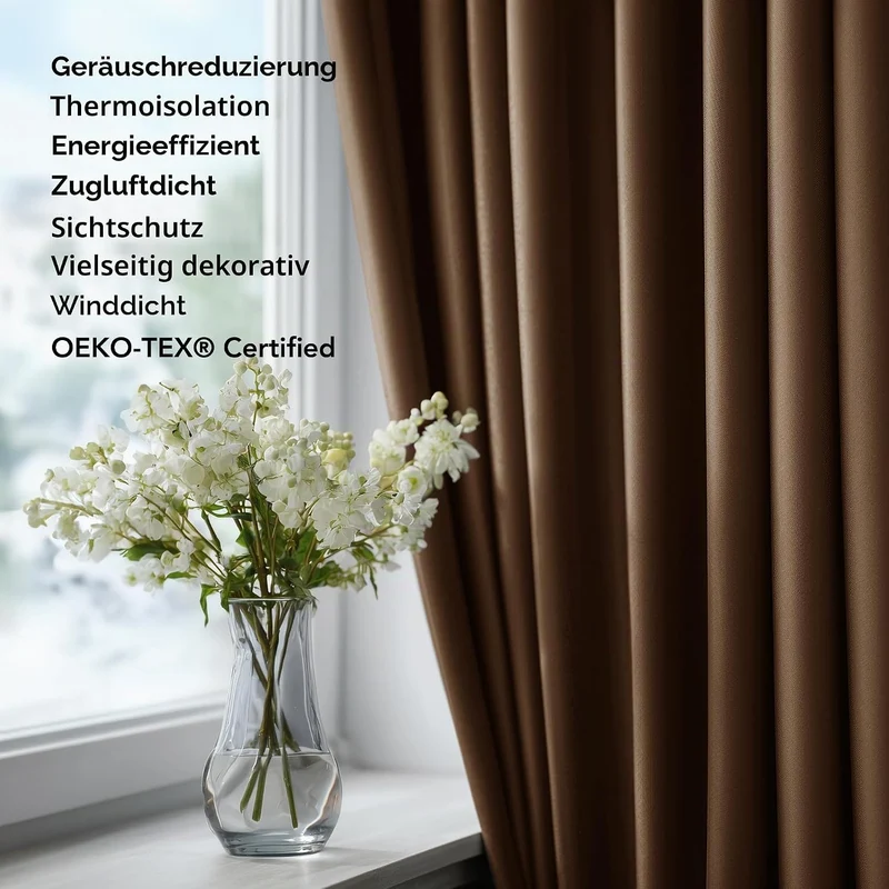 Deconovo Gardinen Wohnzimmer mit Ösen Verdunkelung Thermovorhang Braun H245 x B140 cm (2er Pack) Bra