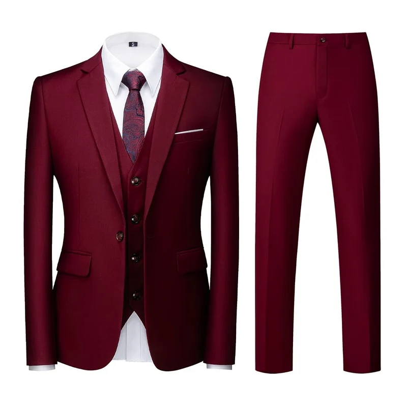 KUDORO Herren Anzüge 3-teilig Slim Fit Eine Knöpfe Sakko Weste Hose XL Weinrot1, XL Weinrot1