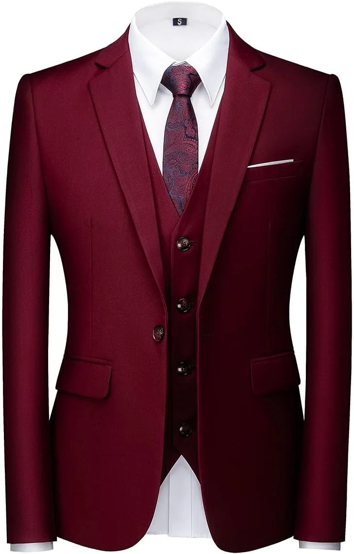 KUDORO Herren Anzüge 3-teilig Slim Fit Eine Knöpfe Sakko Weste Hose XL Weinrot1, XL Weinrot1
