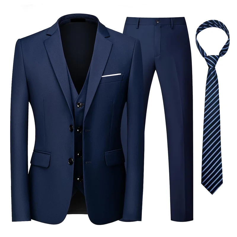 KUDORO Herren Anzüge 3-teilig Zwei Knöpfe Sakko Weste Hose mit Krawatte M Blau, M Blau