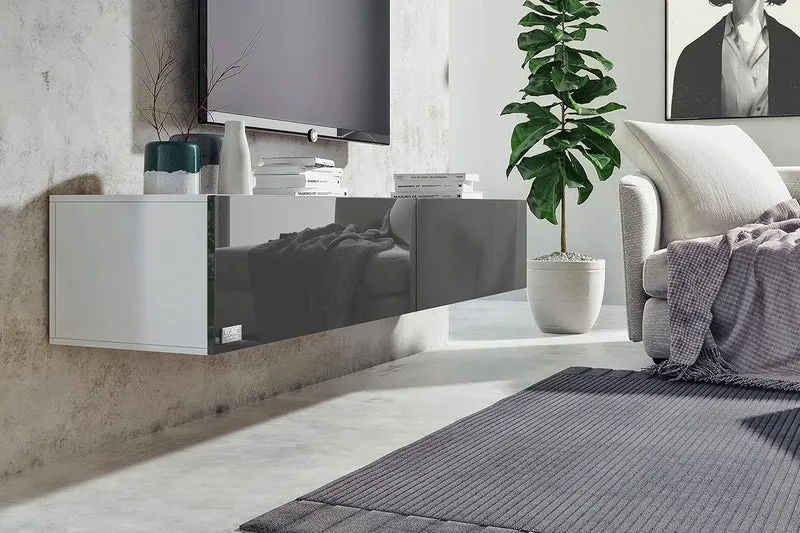 Wuun® TV Lowboard TV Board hängend I 100cm-280cm I Hängeschrank Wohnwand/Somero Weiss-Matt/Grau-Hoch