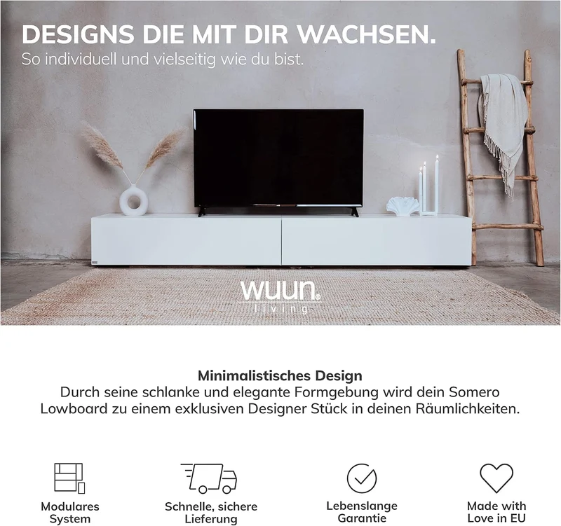 Wuun® TV Lowboard TV Board hängend I 100cm-280cm I Hängeschrank Wohnwand/Somero Weiss-Matt/Grau-Hoch