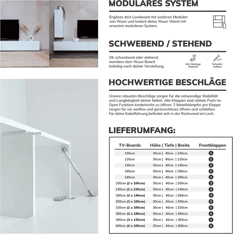 Wuun® TV Lowboard TV Board hängend I 100cm-280cm I Hängeschrank Wohnwand/Somero Weiss-Matt/Grau-Hoch
