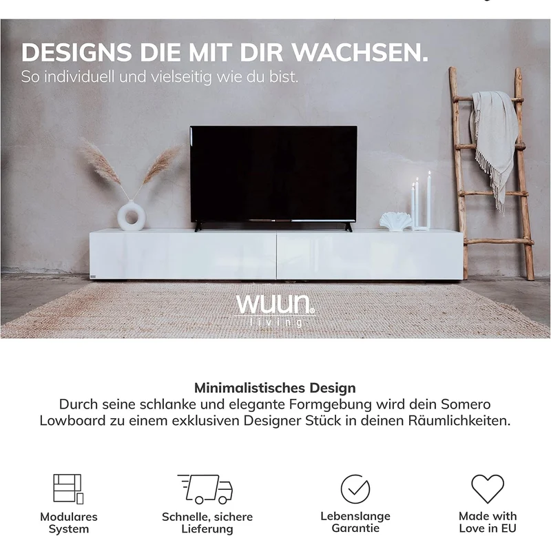 Wuun® TV-Lowboard Somero I 100cm bis 360cm I TV-Schrank & Hängeschrank für Wohnzimmer I Verschiedene