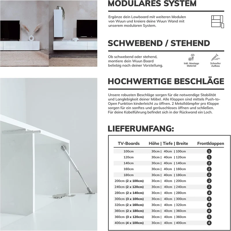 Wuun® TV-Lowboard Somero I 100cm bis 360cm I TV-Schrank & Hängeschrank für Wohnzimmer I Verschiedene