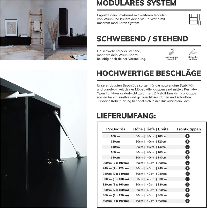 Wuun® TV-Lowboard Somero I 100cm bis 360cm I TV-Schrank & Hängeschrank für Wohnzimmer I Verschiedene
