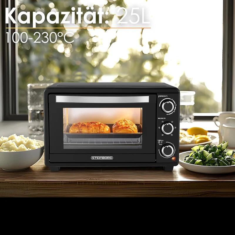 Steinborg Mini Backofen mit Umluft 25 Liter Elektrischer Pizzaofen Minibackofen Miniofen 3in1 Backof