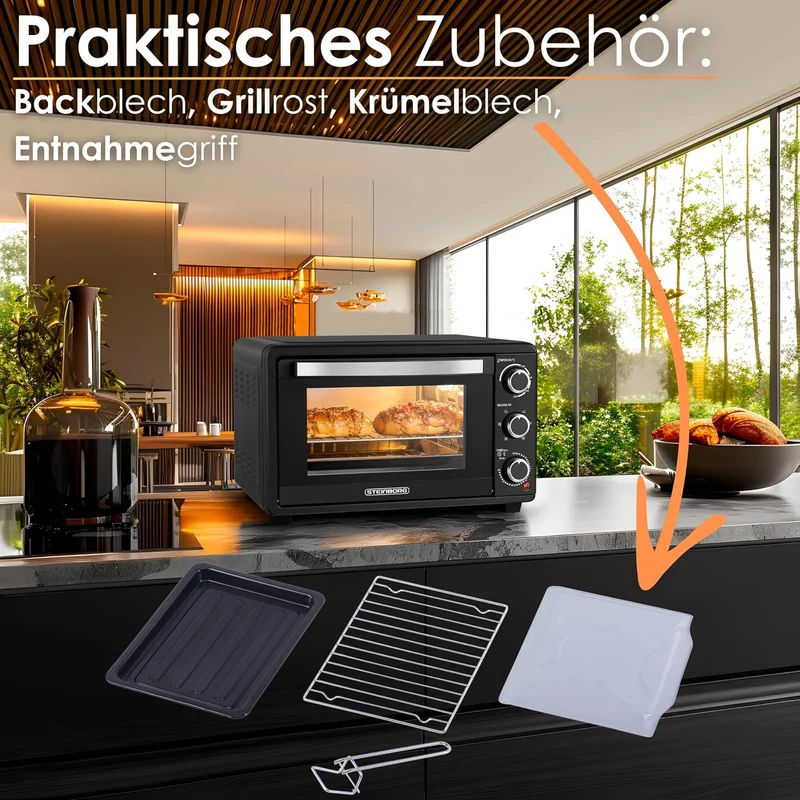 Steinborg Mini Backofen mit Umluft 25 Liter Elektrischer Pizzaofen Minibackofen Miniofen 3in1 Backof