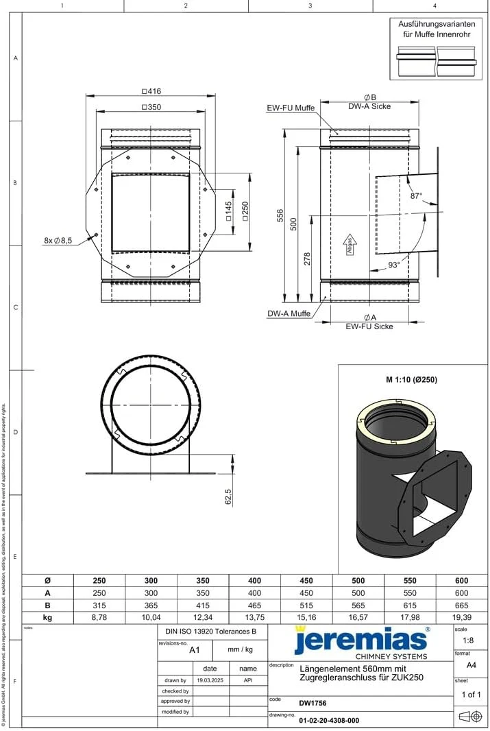 Jeremias DW-FU Zugbegrenzeranschluss ZUK250 Ø 600mm Edelstahl doppelwandig Abgassystem CE-zertifizie