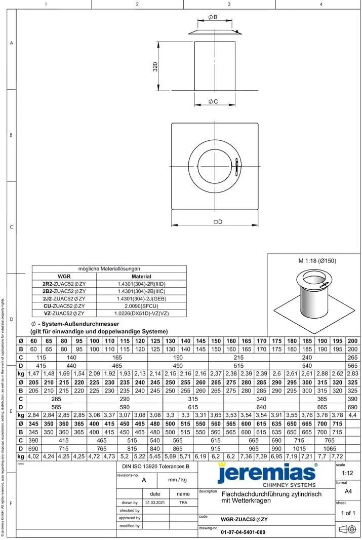 Jeremias DW-FU Flachdachdurchführung zylindrisch Ø 225 mm Edelstahl Abgassystem mit Wetterkragen für