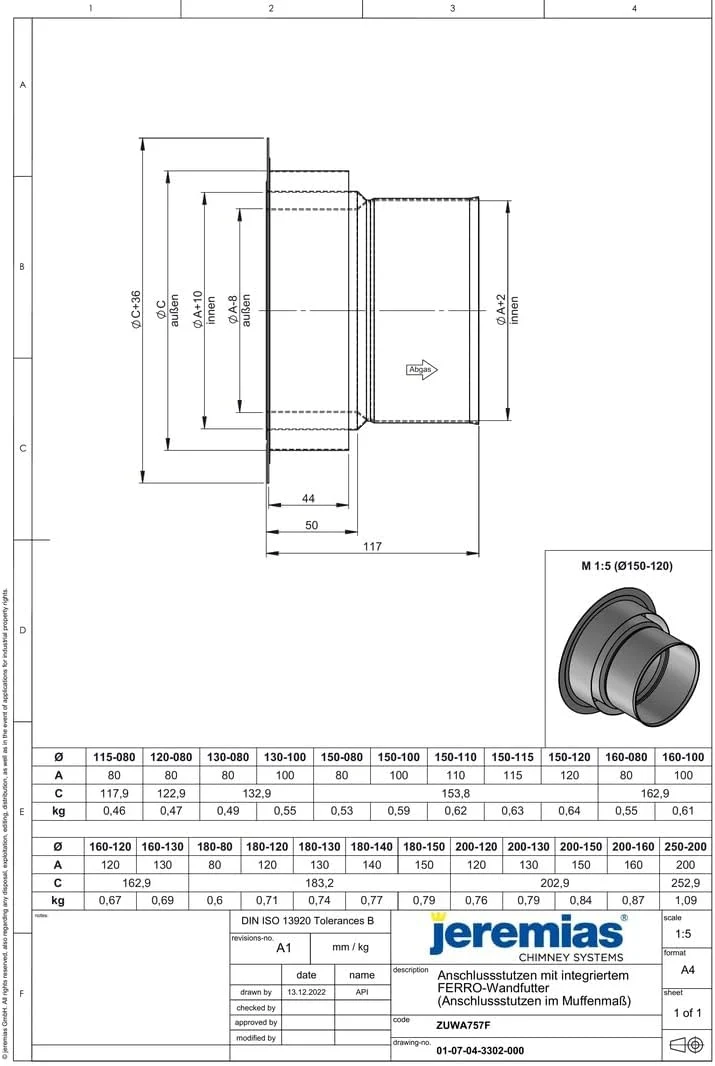 Jeremias DW-FU Edelstahl Abgassystem 180mm auf 150mm Anschlussstutzen mit FERRO-Wandfutter doppelwan