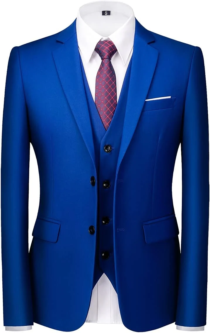 KUDORO Herren Anzüge 3-Teilig Slim Fit Zwei Knöpfe Formell Sakko Weste Hose M Blaues Juwel1, M Blaue