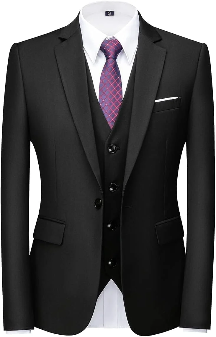 KUDORO Herren Anzüge 3-teilig Slim Fit Eine Knöpfe Sakko Weste Hose L Schwarz1, L Schwarz1