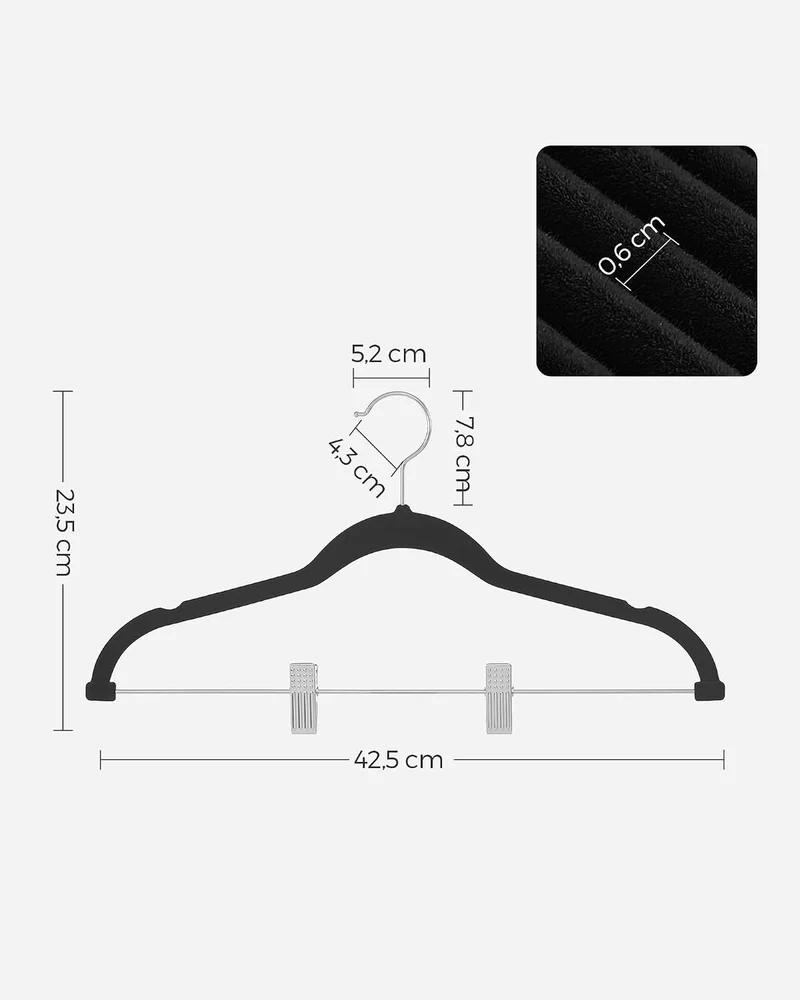 SONGMICS Kleiderbügel Samt, 12er Set, Rockbügel, 42,5 cm breit, mit verstellbaren Clips, rutschfest,