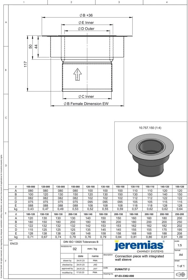 Jeremias DW-FU Edelstahl Abgassystem 150mm auf 120mm Anschlussstutzen mit Wandfutter doppelwandig fü