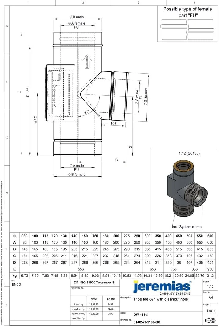 Jeremias DW-FU T-Anschluss 200mm 87 Grad Edelstahl Abgassystem mit Revision gleiche Höhe bis 600 Gra