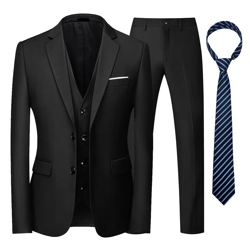 KUDORO Herren Anzüge 3-teilig Zwei Knöpfe Sakko Weste Hose mit Krawatte 3XL Schwarz, 3XL Schwarz