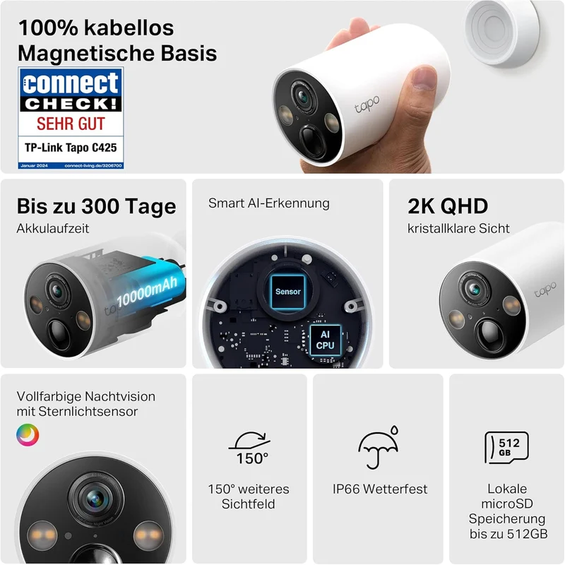 Tapo C425 Aussenkamera Akku, 4-Pack | Überwachungskamera aussen mit Magnetische Basis, 2K Auflösung,