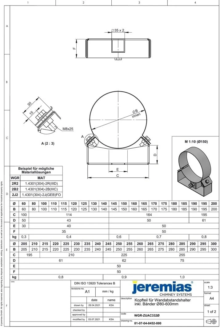 Jeremias DW-FU Kopfteil Wandhalter Ø 100 mm Edelstahl doppelwandig Abgassystem CE-zertifiziert flexi