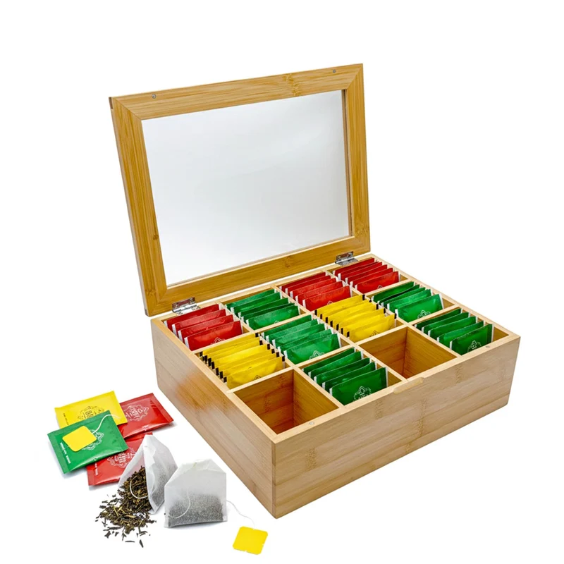 AH® Teebox aus Bambus mit 12 Fächern – Teekiste zur Teebeutel Aufbewahrung mit Sichtfenster & Magnet