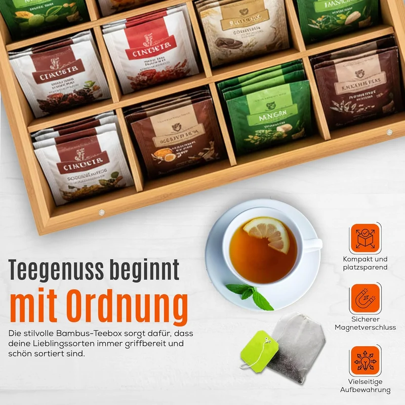 AH® Teebox aus Bambus mit 12 Fächern – Teekiste zur Teebeutel Aufbewahrung mit Sichtfenster & Magnet
